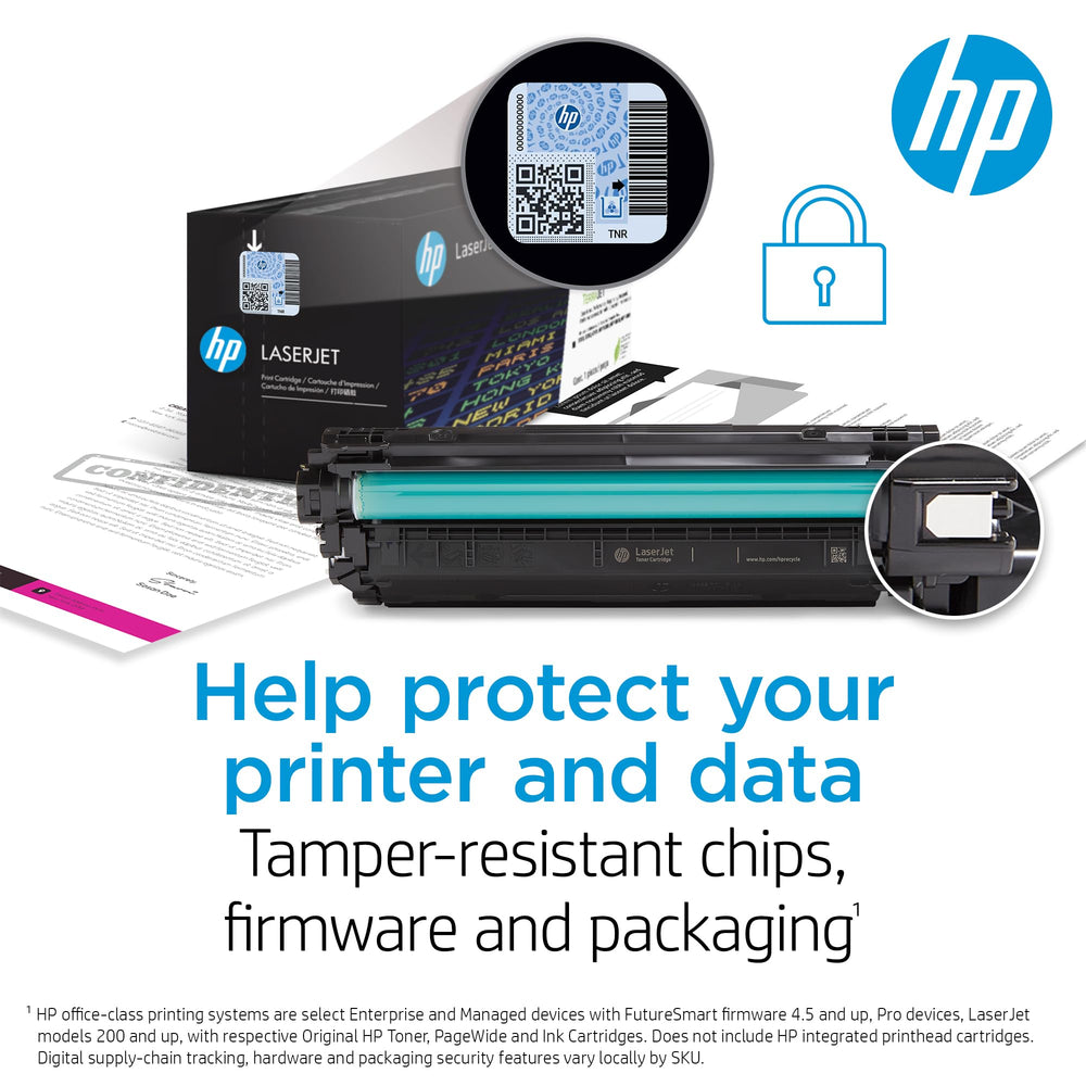 HP cartucho 215A embalaje con precintos de seguridad, reduce riesgo de manipulación