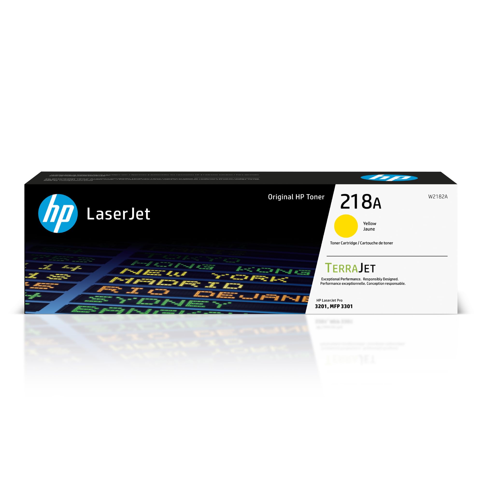 HP cartucho 218A amarillo vista frontal con etiqueta visible y beneficio de fiabilidad