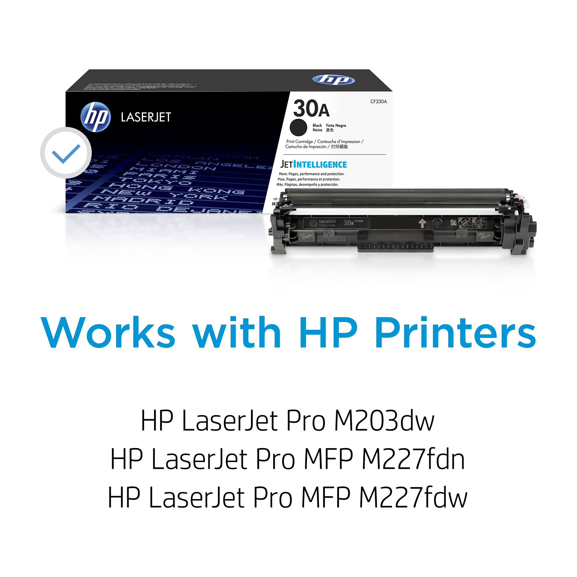 HP 30A side label detail showing model CF230A and compatibility information for assurance