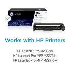 HP 30A side label detail showing model CF230A and compatibility information for assurance