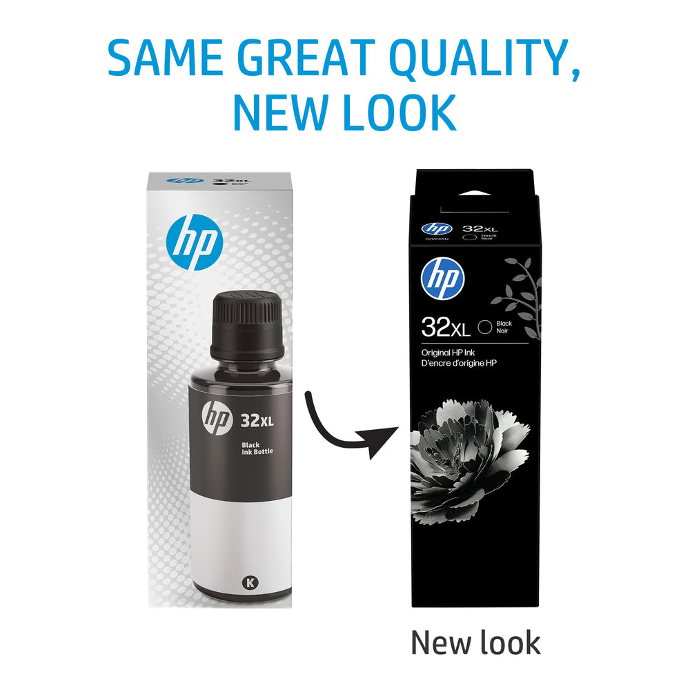HP 32XL black bottle label and contents visible for verification