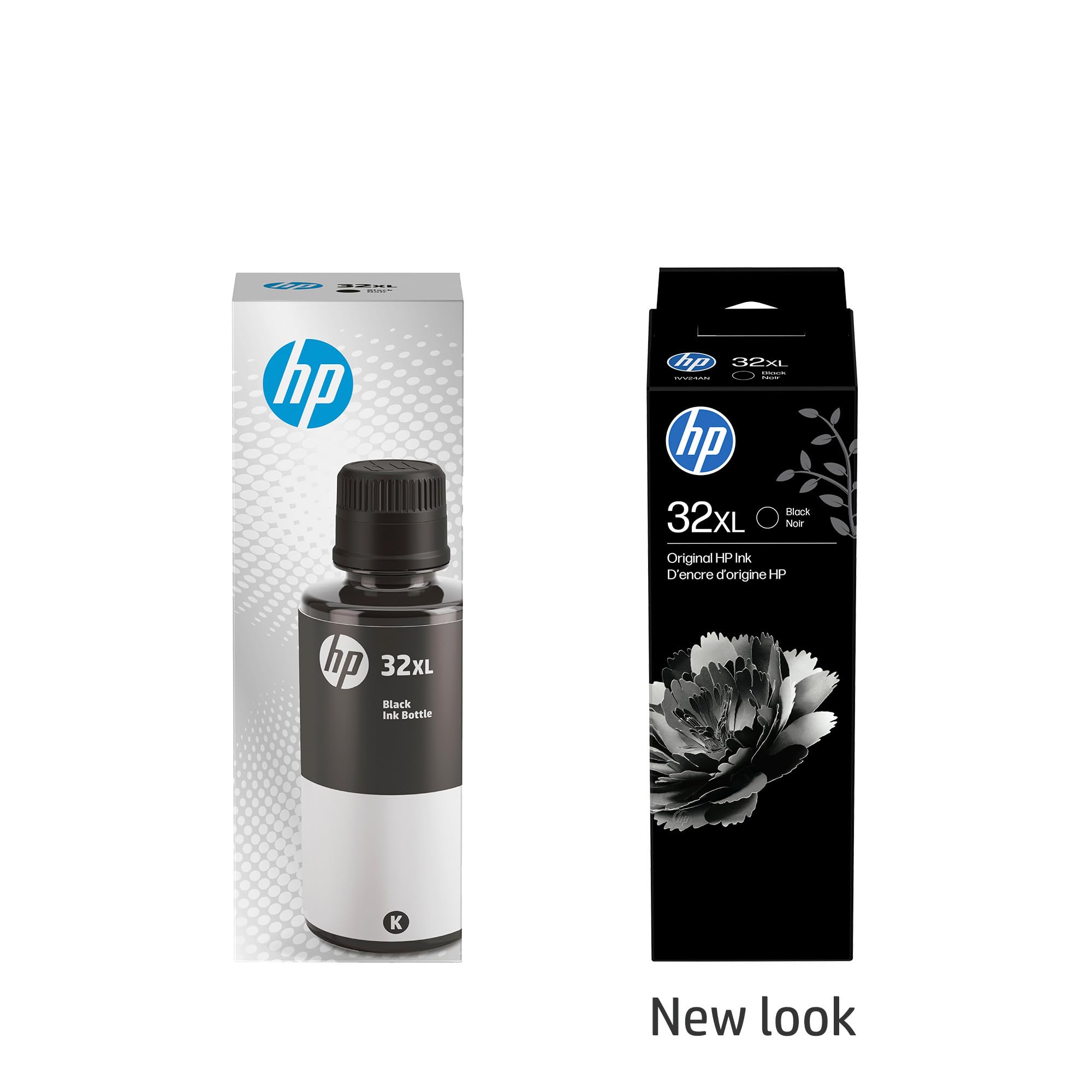 HP 32XL black bottle spout close-up demonstrating spill-free refill