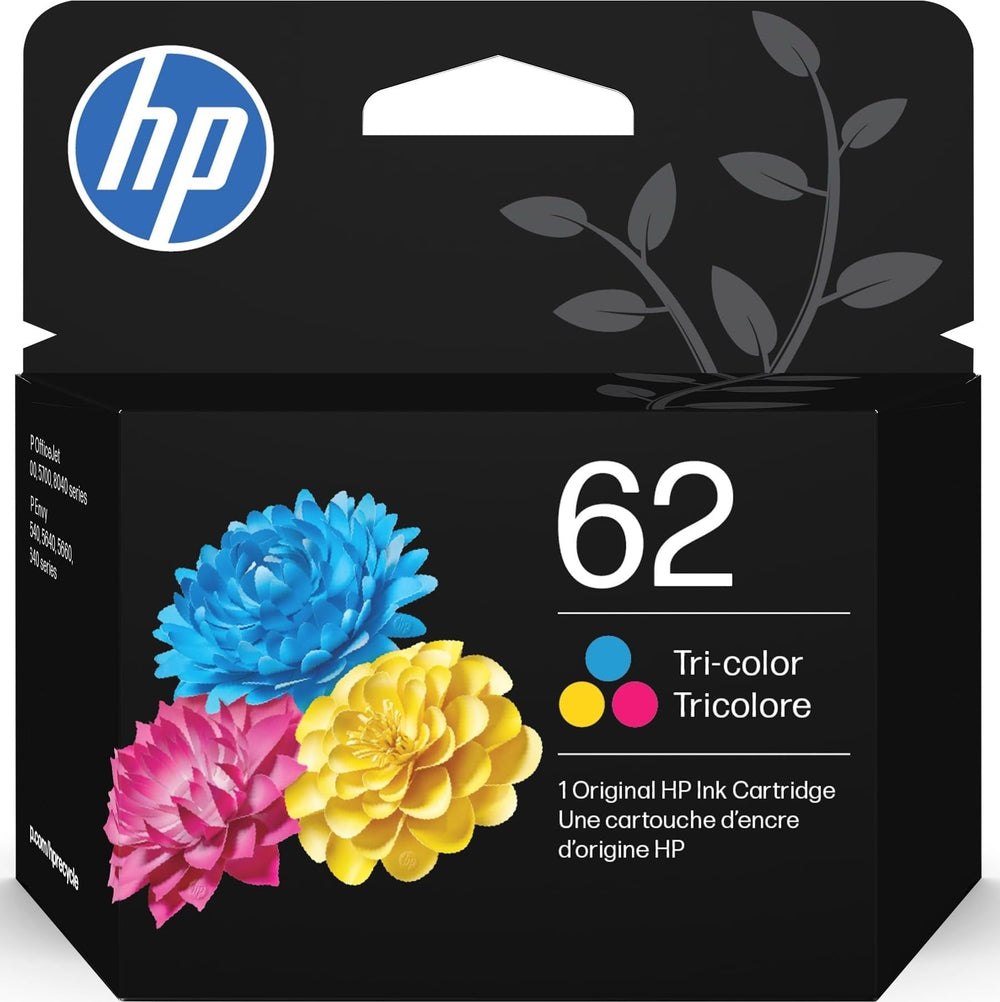 HP cartucho 62 tricolor frontal con empaque mostrando compatibilidad y beneficio