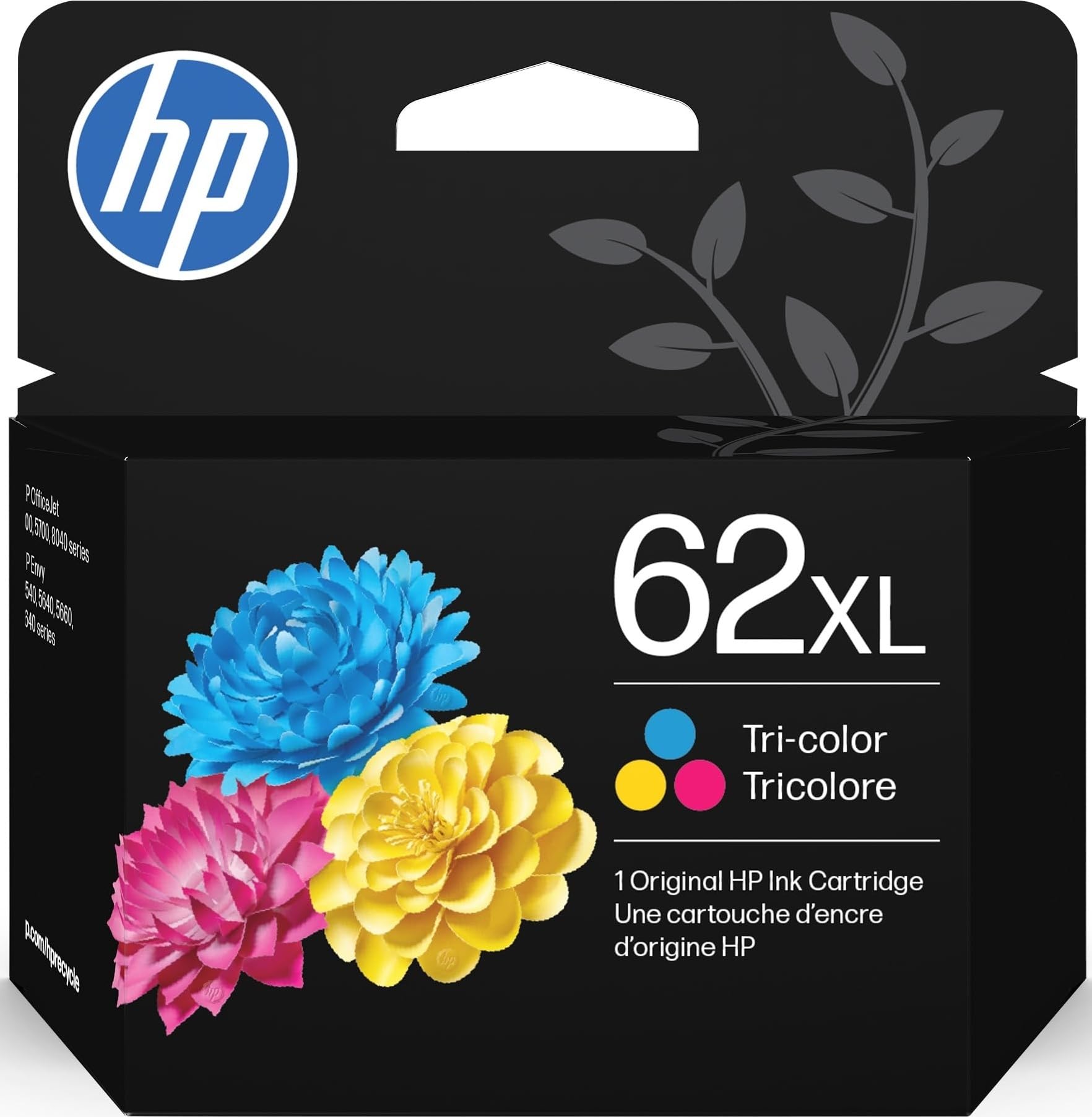 HP 62XL frontal del empaque mostrando compatibilidad y rendimiento