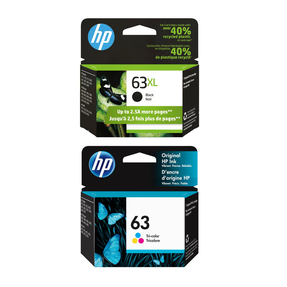 HP pack 63XL y 63 frontal mostrando embalaje y confianza de marca