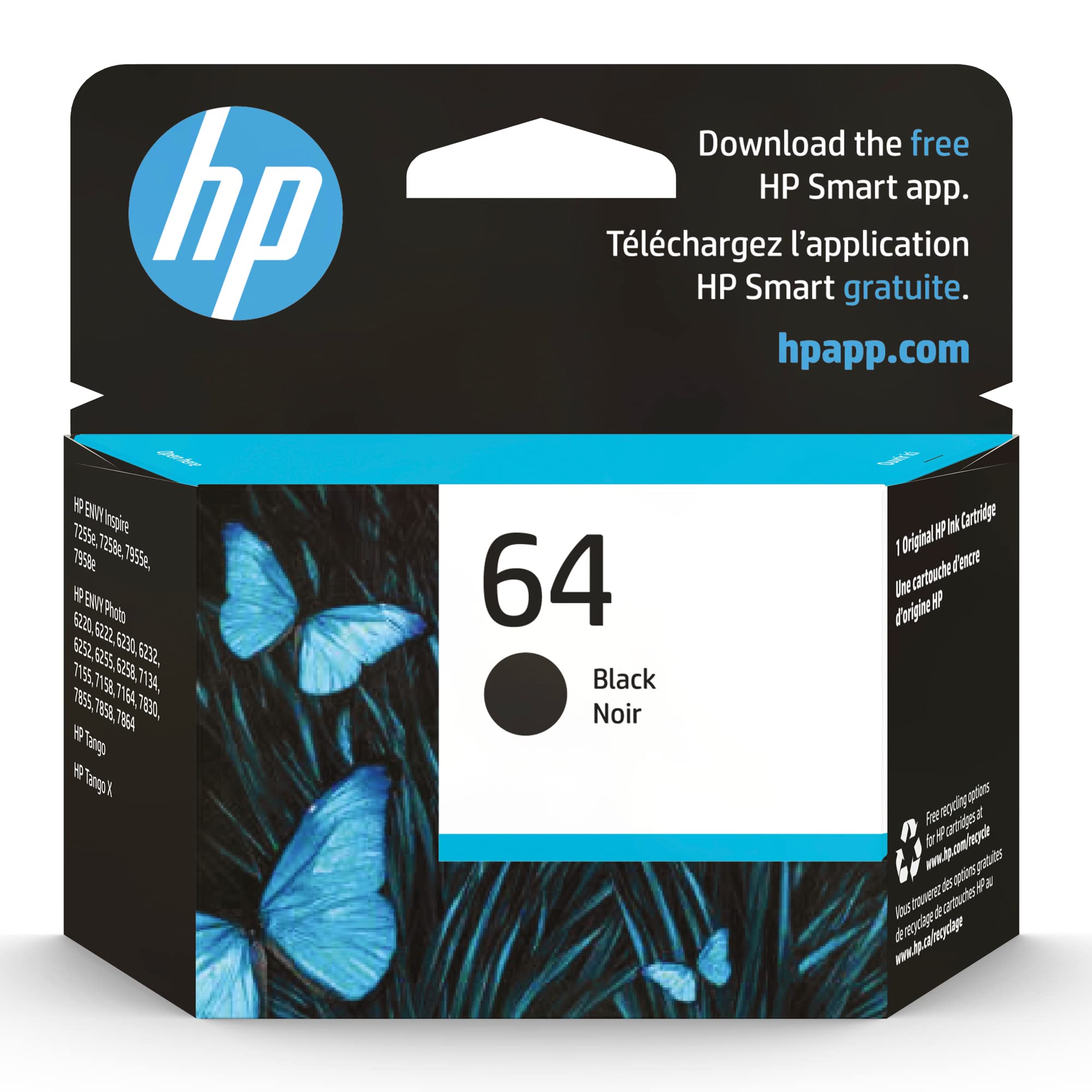 HP 64 black front packaging showing product and compatibility benefit