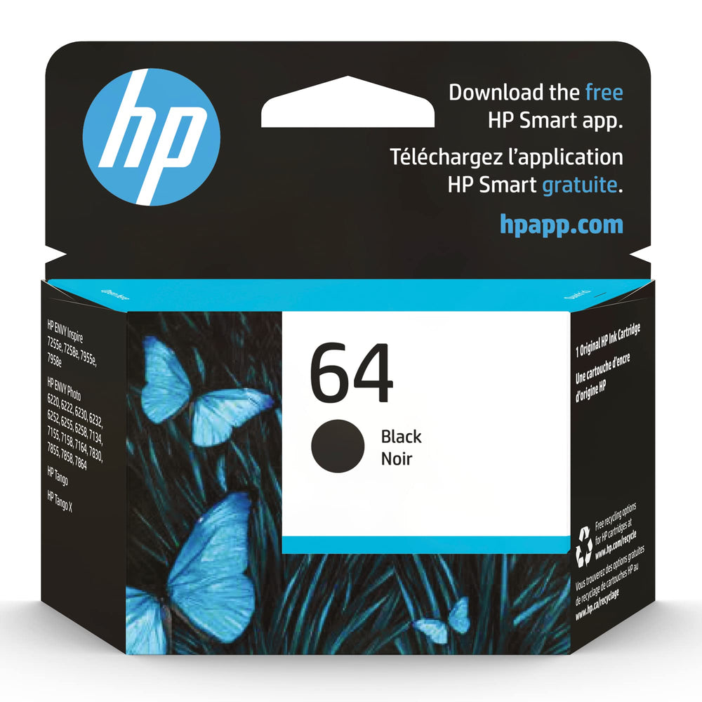 HP 64 black front packaging showing product and compatibility benefit