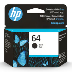 HP 64 black front packaging showing product and compatibility benefit