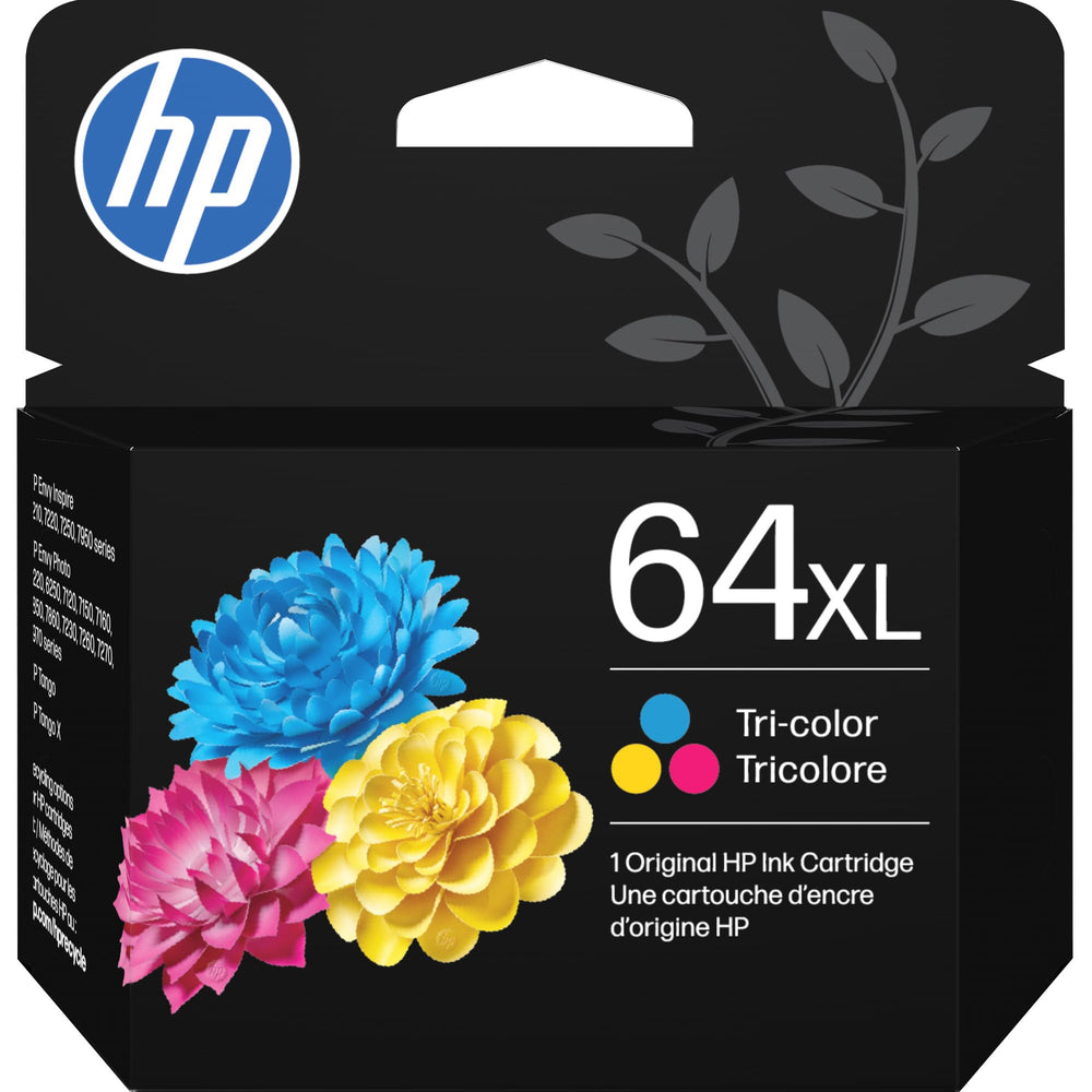 HP cartucho 64XL tricolor frontal mostrando colores vivos y ventaja de fiabilidad