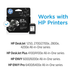 Cartucho HP 67XL en primer plano, muestra boquilla y protección para instalación segura