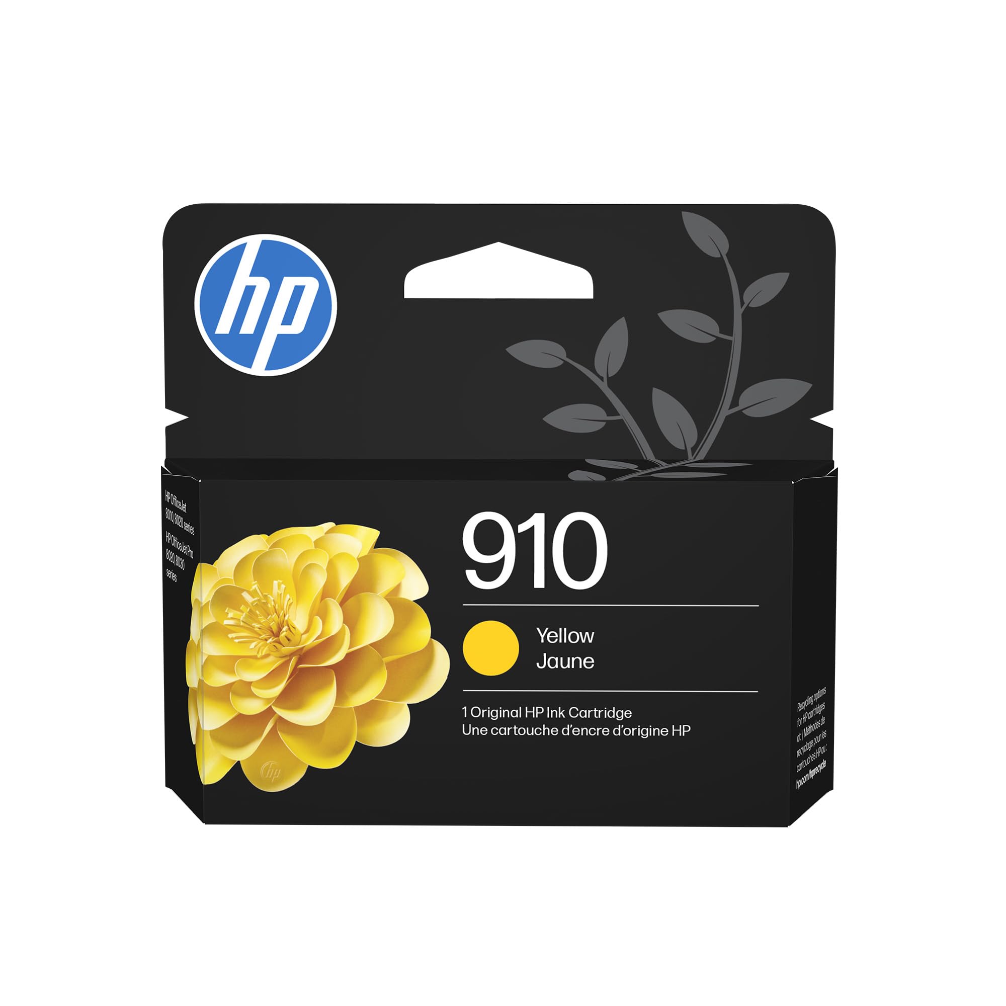 HP cartucho 910 amarillo vista frontal del empaque mostrando diseño y compatibilidad