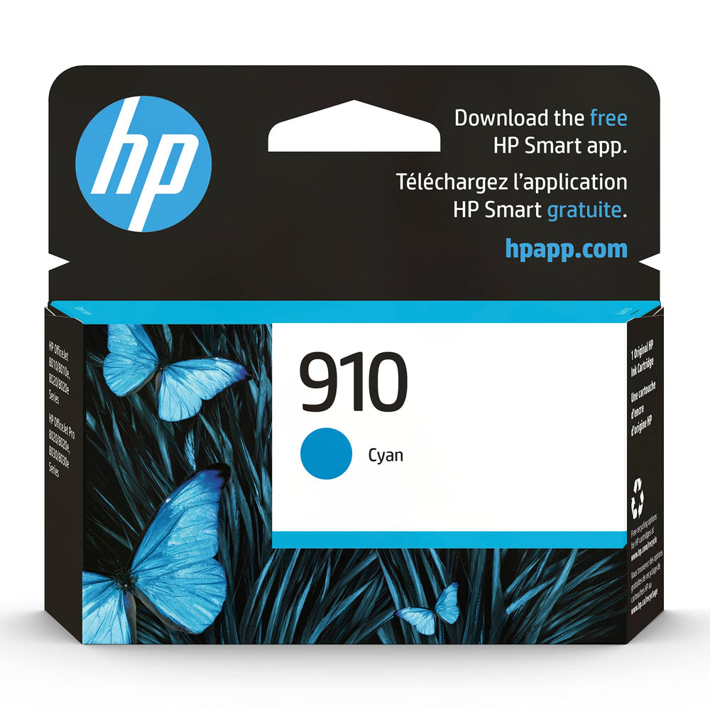HP cartucho 910 cian frente mostrando diseño y compatibilidad, asegura impresión fiable