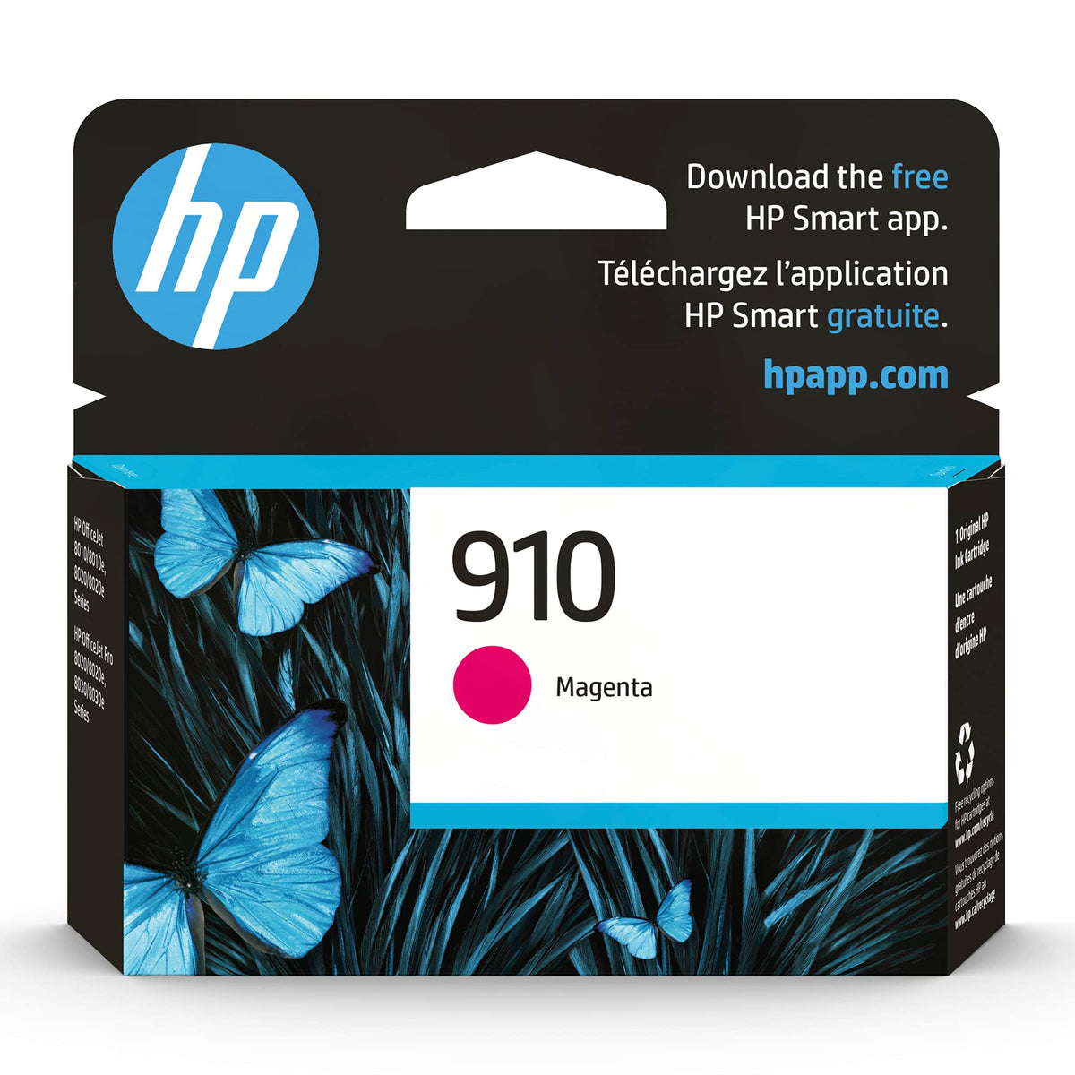 HP cartucho 910 magenta frontal empaque mostrando producto y beneficios