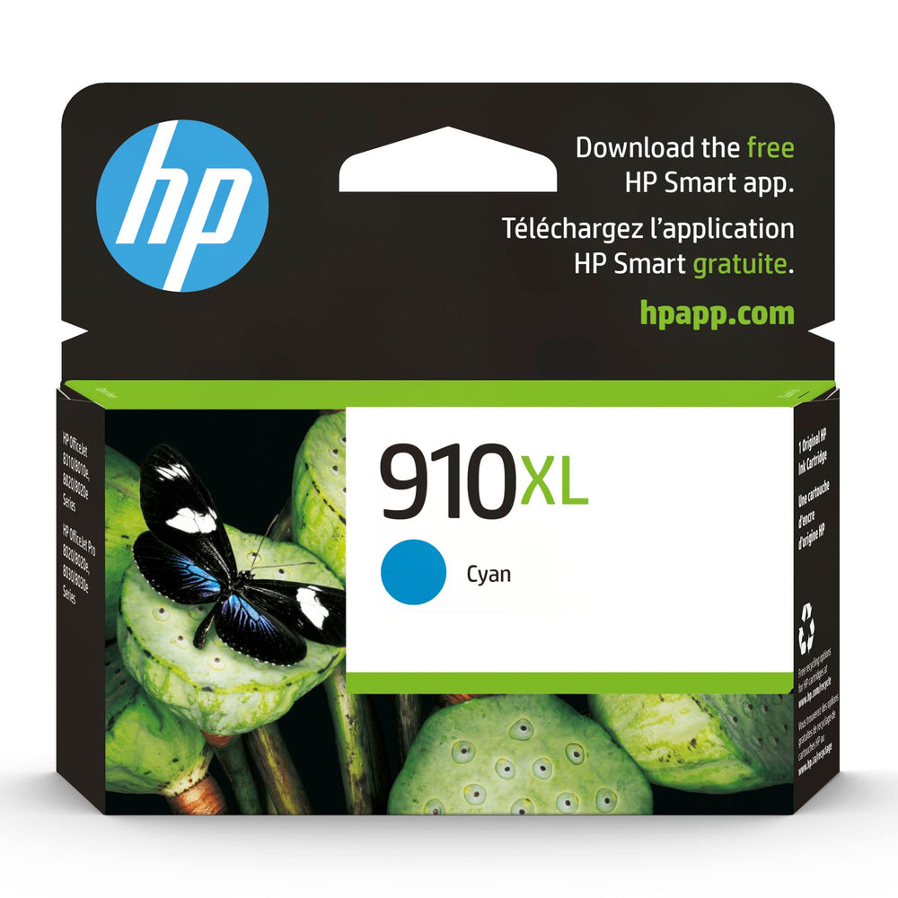 HP 910XL Cyan frente del cartucho mostrando diseño y marca para confianza