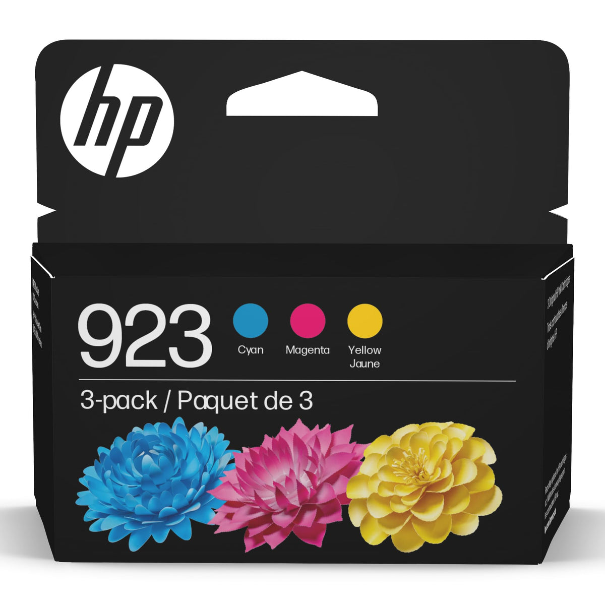HP pack 923 frontal mostrando tres cartuchos y beneficio de colores consistentes