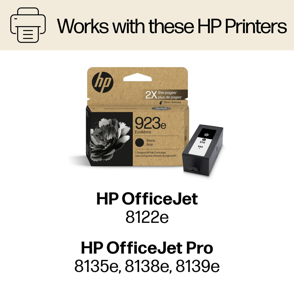 Etiqueta del cartucho HP 923e con código y ventaja de rendimiento claro