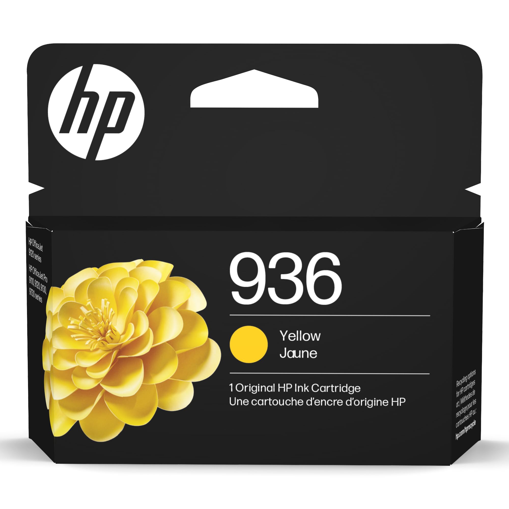 HP 936 amarillo empaque frontal mostrando el cartucho y compatibilidad