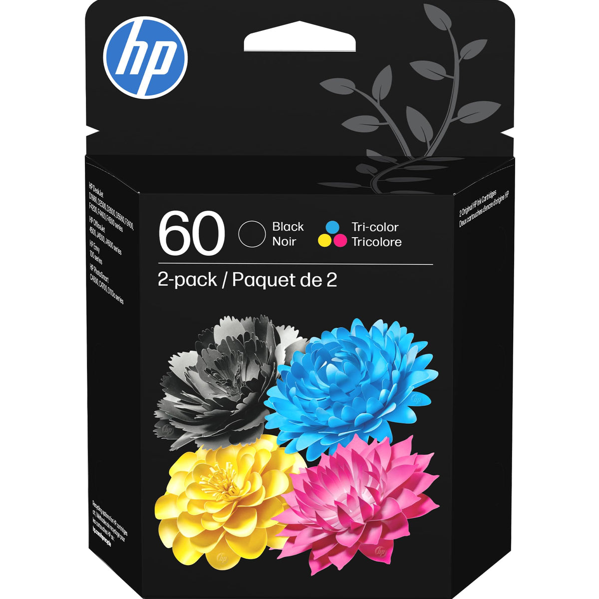 HP cartuchos 60 frontal mostrando paquete y códigos de modelo, garantía de compatibilidad