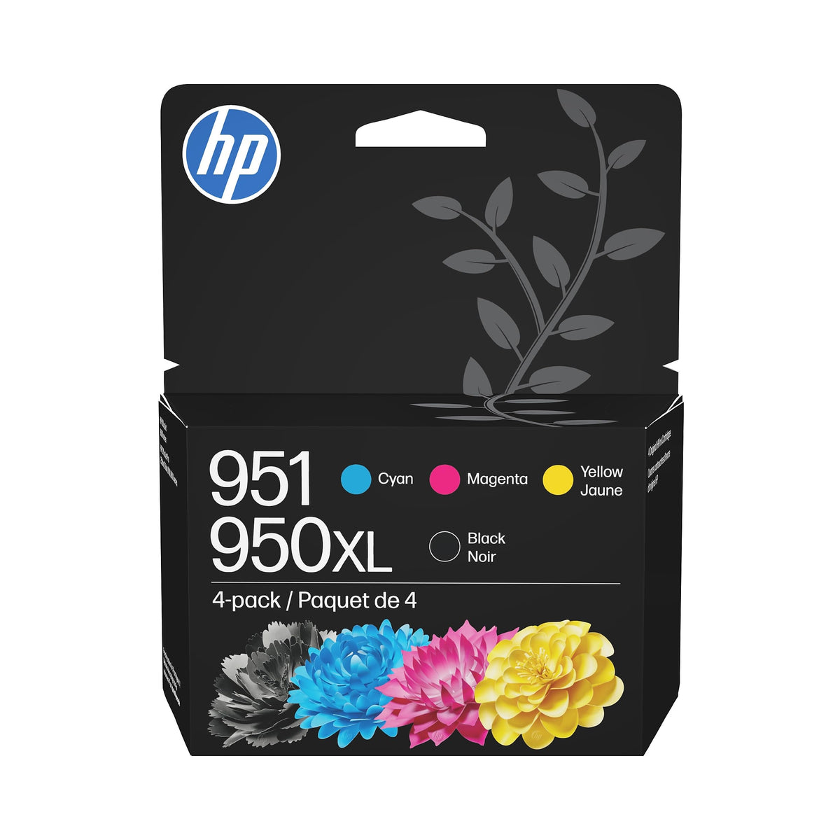 HP empaque frontal de cartuchos 950XL y 951 mostrando contenido y beneficio durabilidad