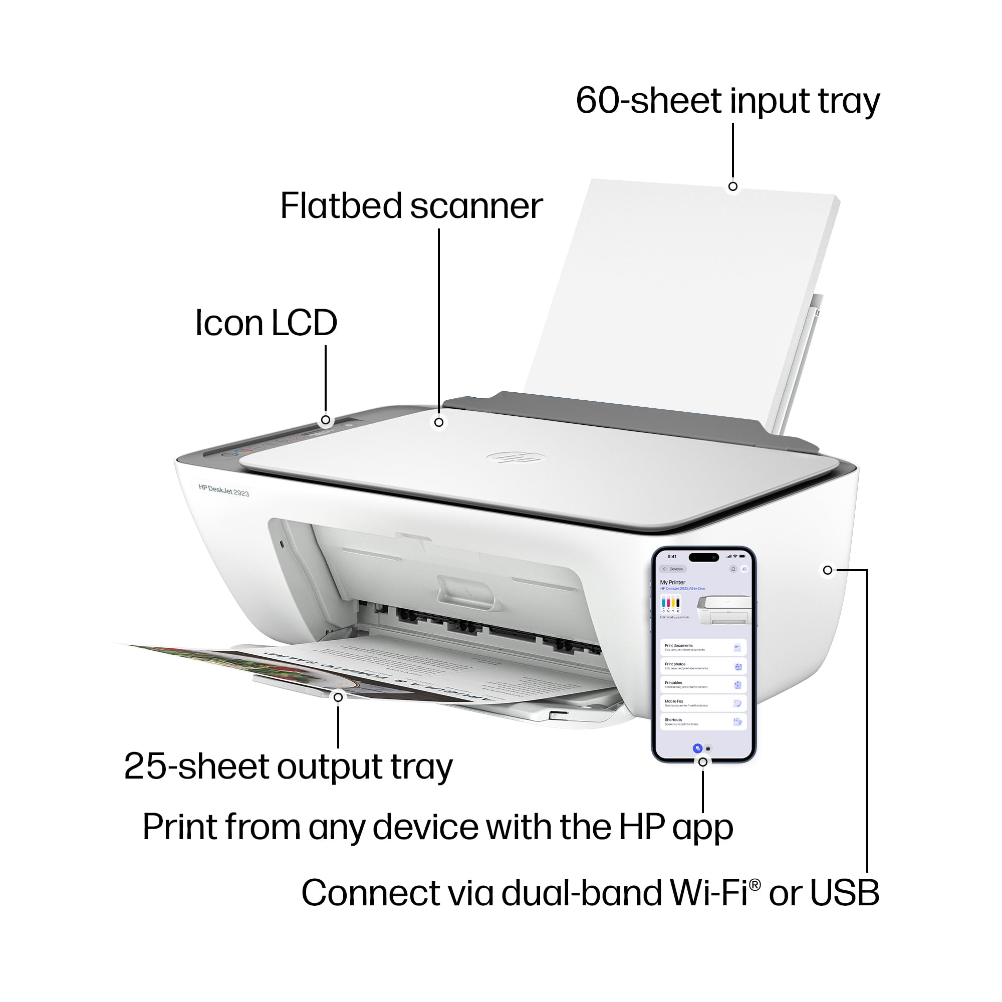 HP DeskJet 2923 flatbed scanner open showing simple scanning capability benefit