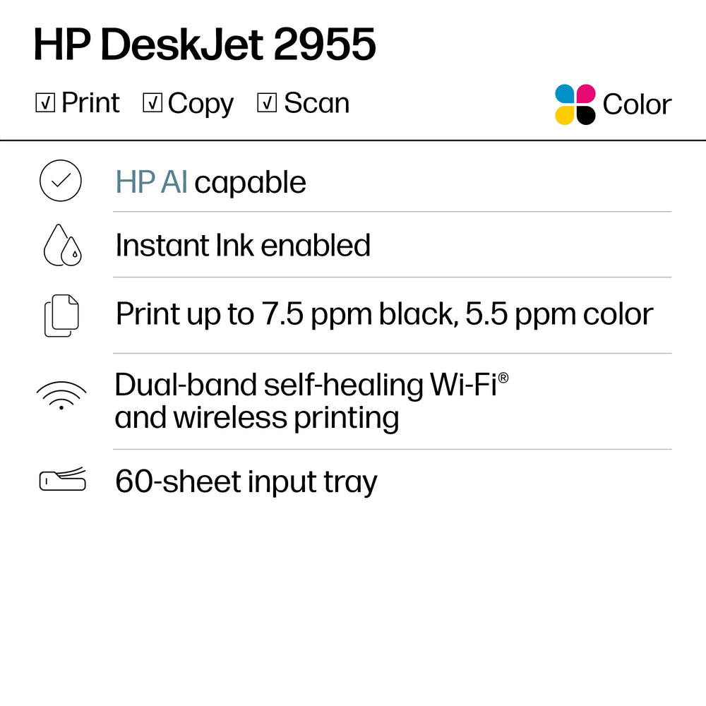 HP DeskJet 2955 panel LCD con iconos fáciles para control y rapidez