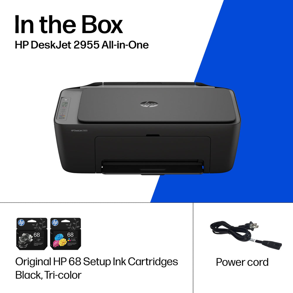 HP DeskJet 2955 comparación de tamaño junto a objetos cotidianos compacta