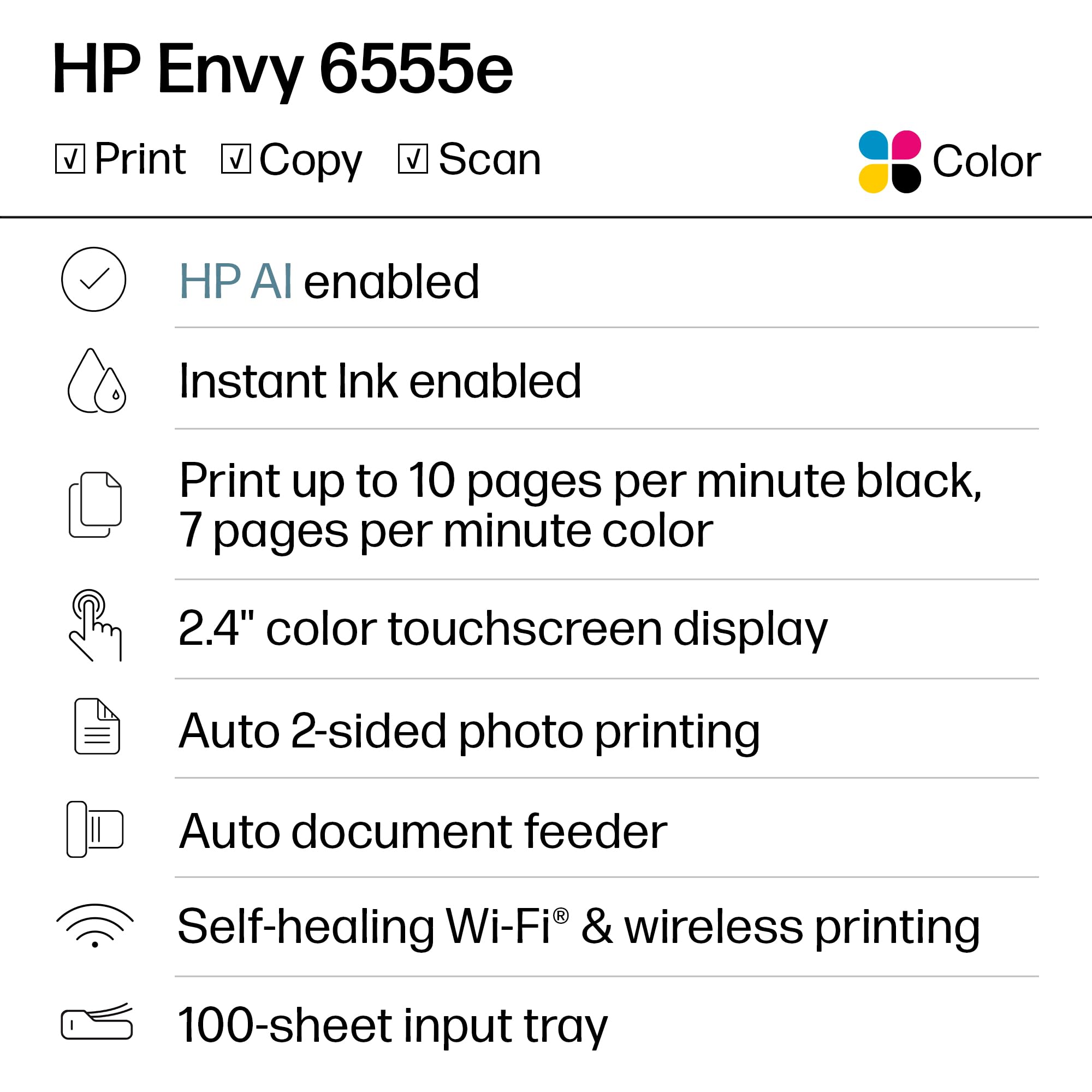 HP Envy 6555e pantalla táctil en color mostrando menús para gestionar trabajos
