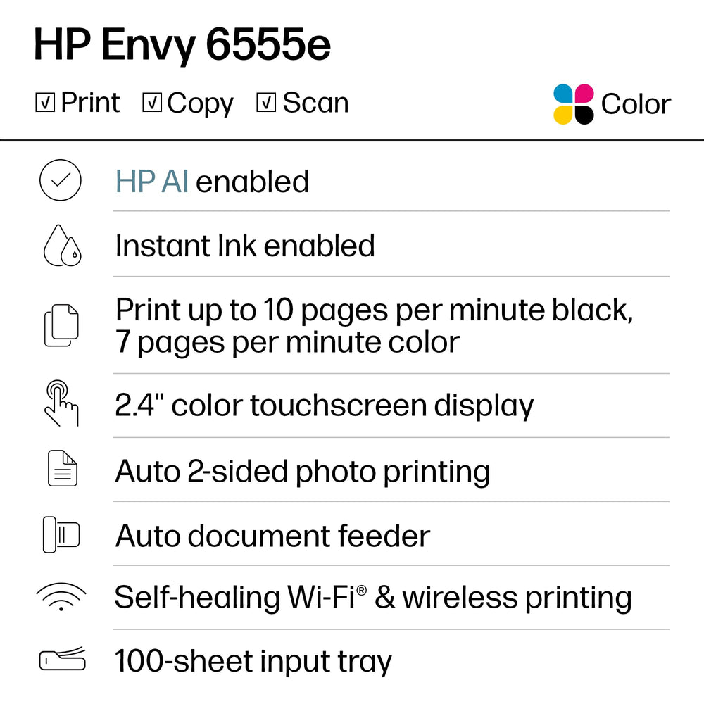 HP Envy 6555e pantalla táctil en color mostrando menús para gestionar trabajos