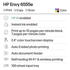 HP Envy 6555e pantalla táctil en color mostrando menús para gestionar trabajos