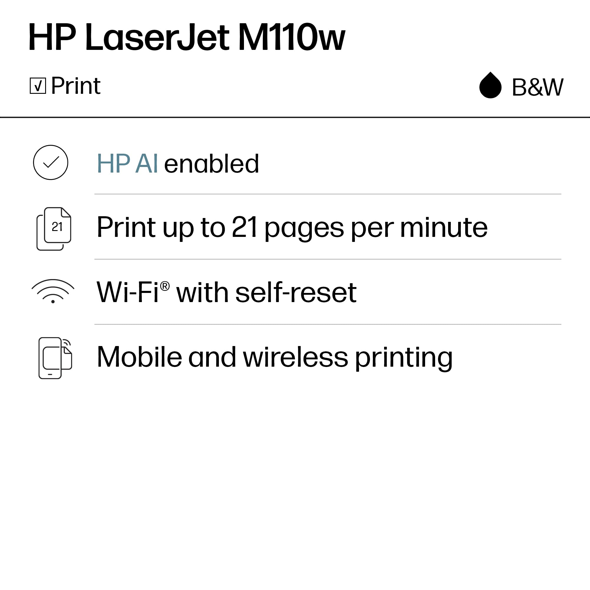 HP LaserJet M110w vista lateral con iconos inalámbricos, conectividad fiable