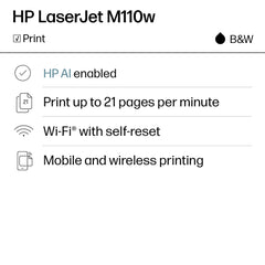 HP LaserJet M110w vista lateral con iconos inalámbricos, conectividad fiable
