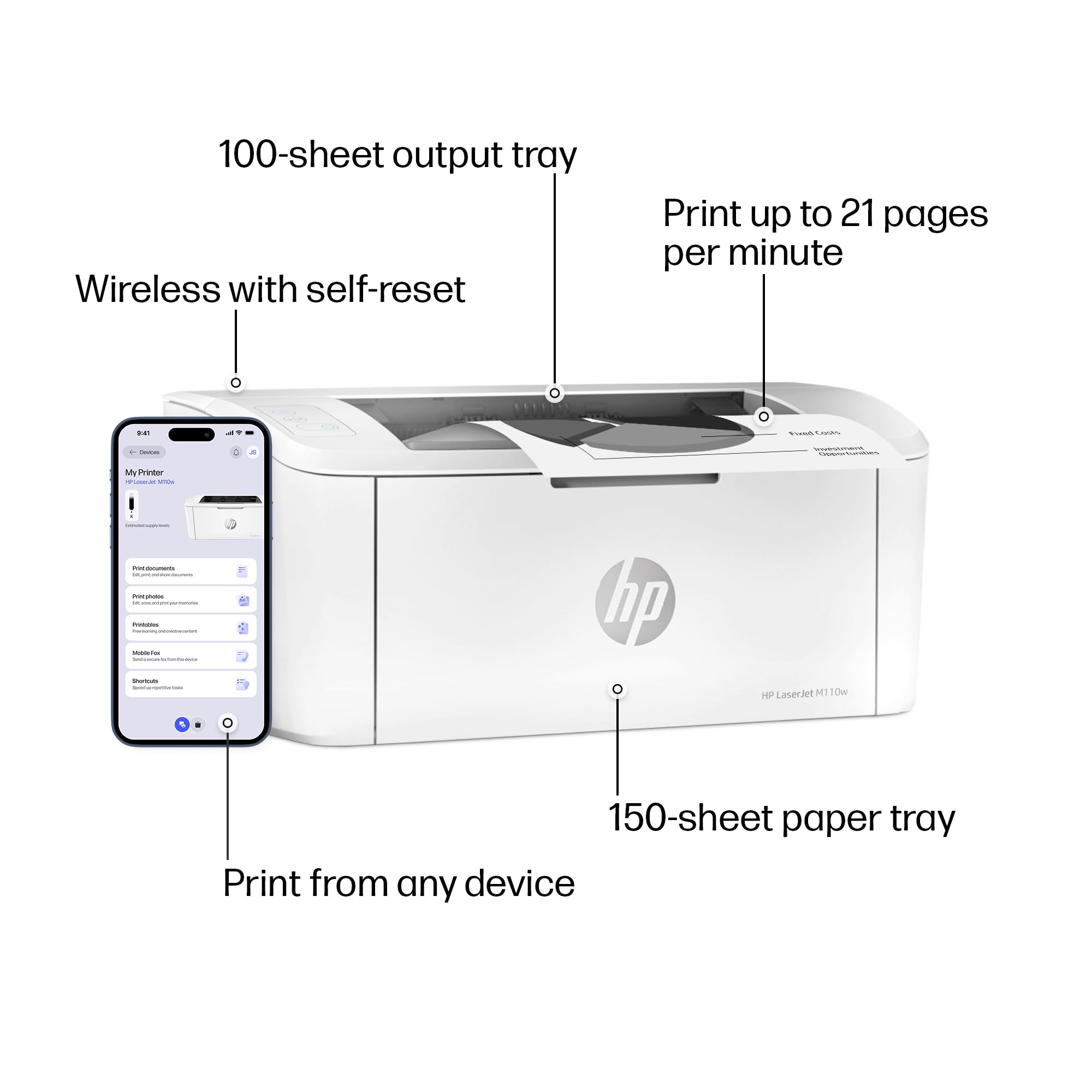 HP LaserJet M110w bandeja de papel cerrada, manejo ordenado del papel