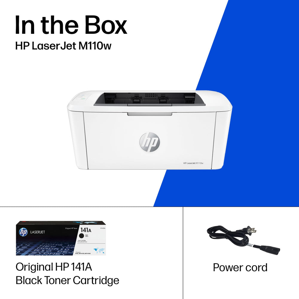 HP LaserJet M110w junto a manos para escala, diseño realmente compacto