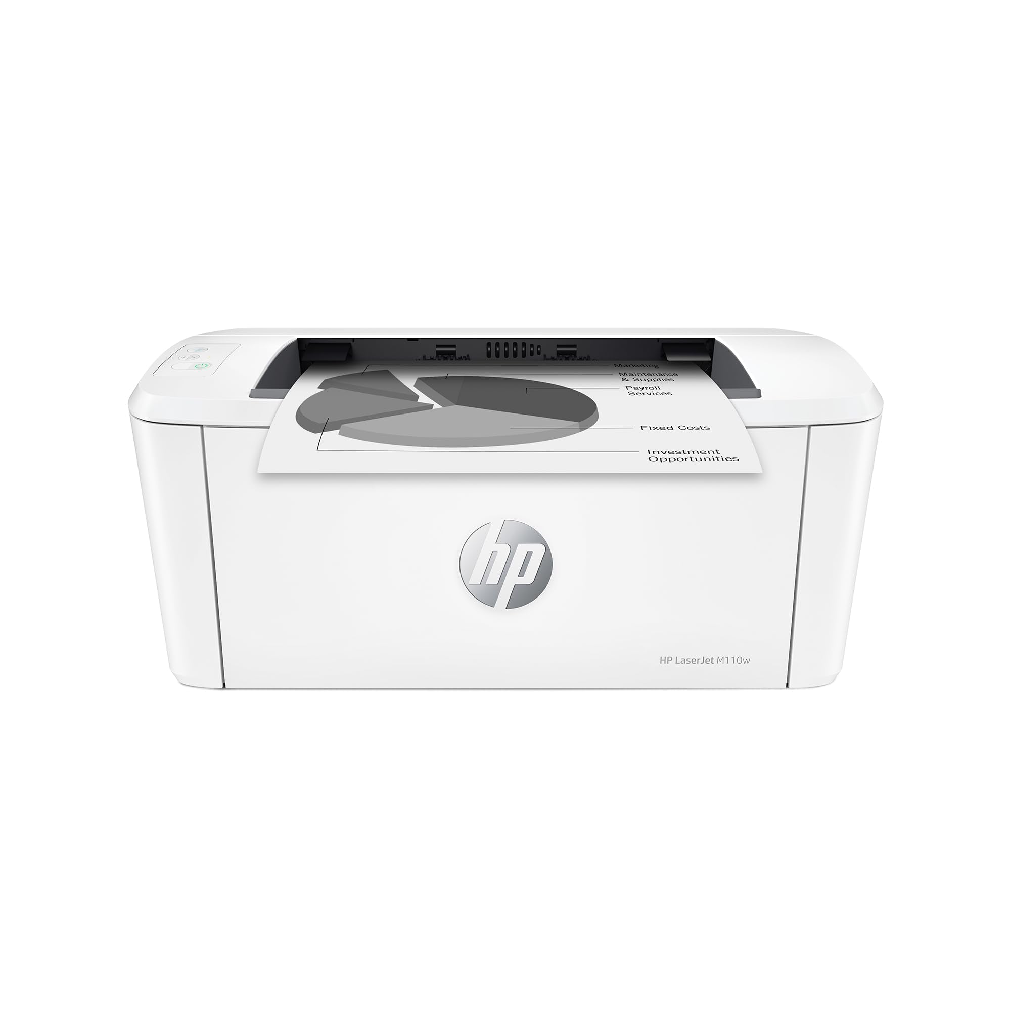 HP LaserJet M110w vista frontal compacta, ahorro de espacio