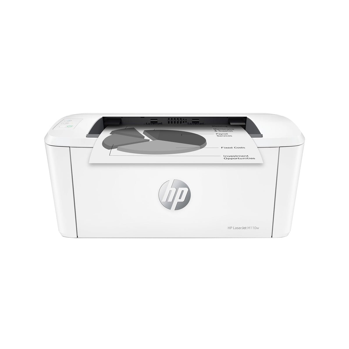 HP LaserJet M110w vista frontal compacta, ahorro de espacio