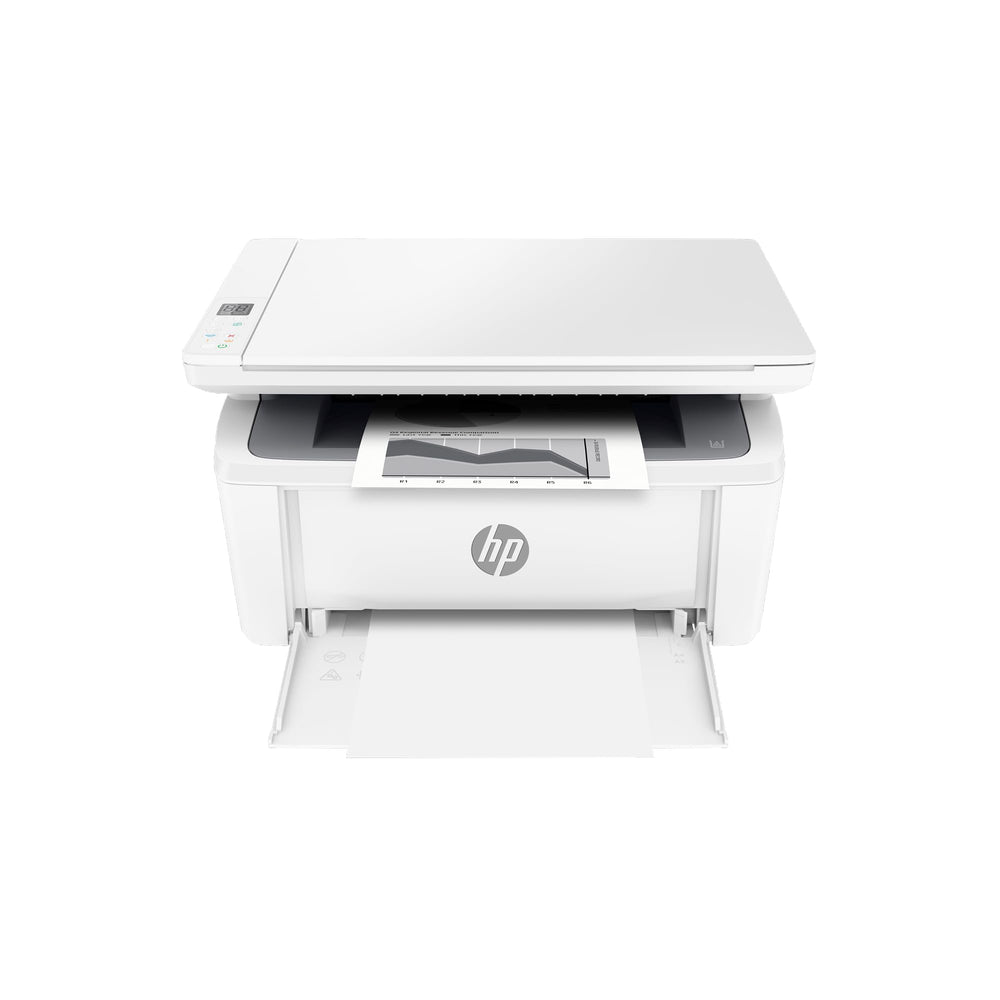 HP impresora M140w vista frontal mostrando diseño compacto y salida rápida