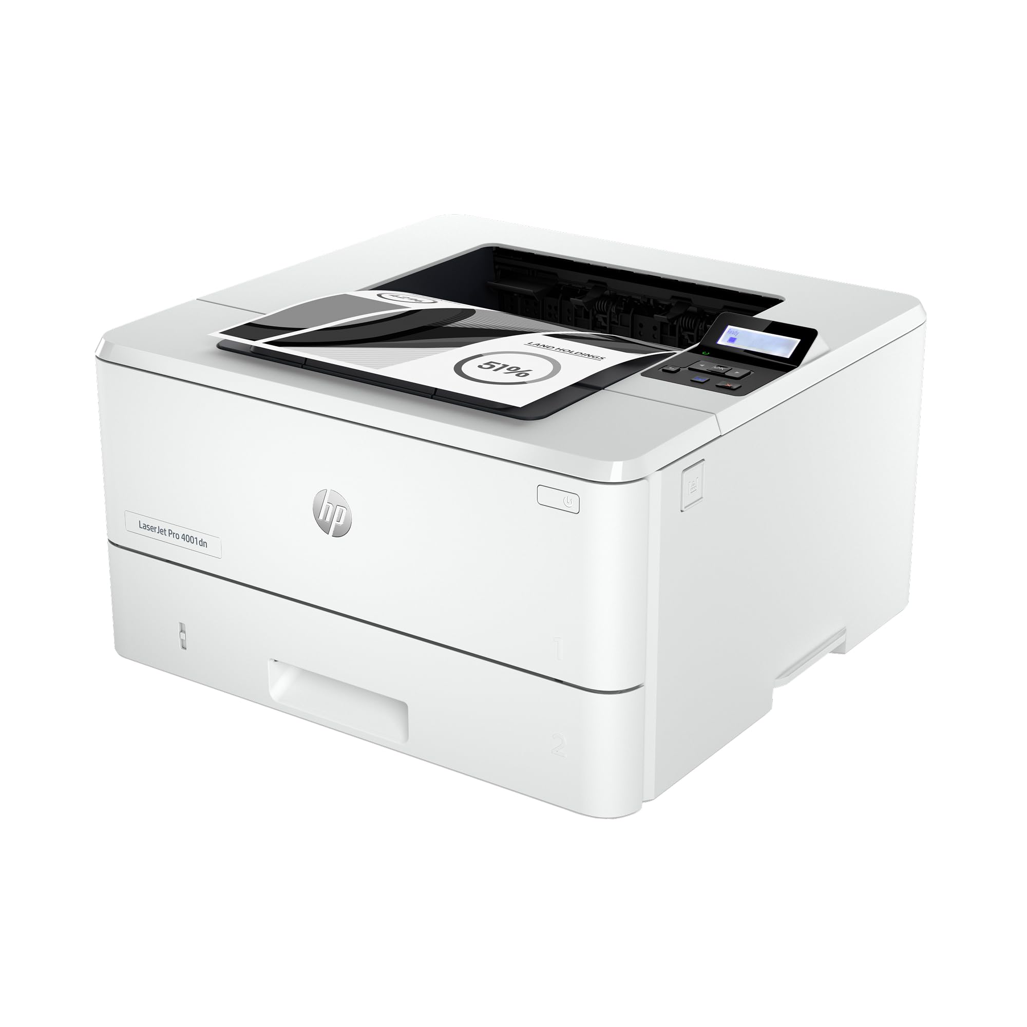HP LaserJet Pro 4001dn vista frontal mostrando diseño compacto y profesional