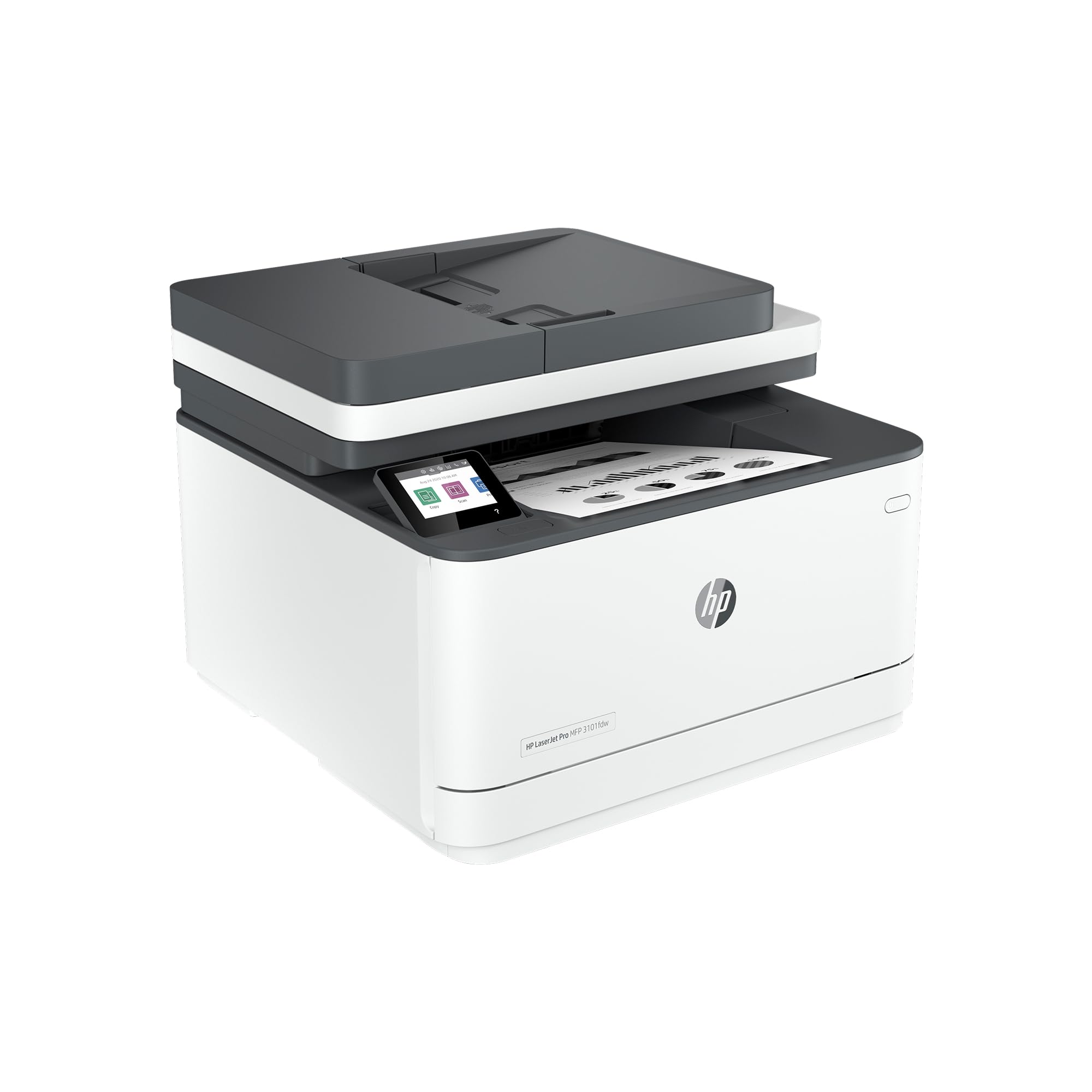 HP LaserJet Pro MFP 3101fdw vista frontal con bandeja, aspecto profesional y ahorro de espacio