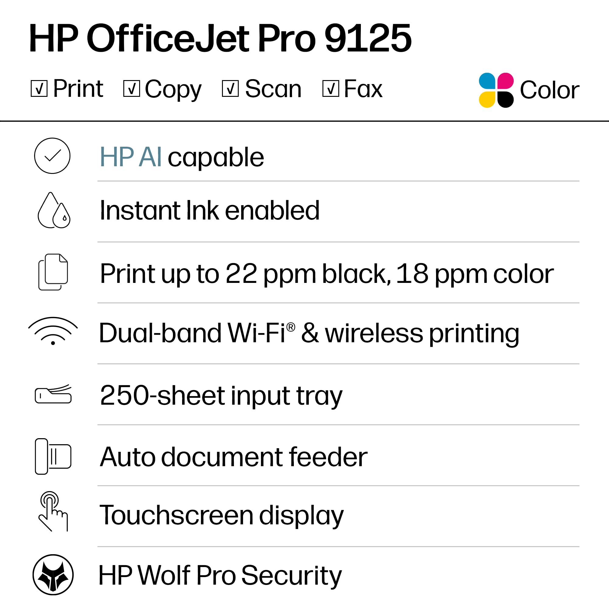 Panel táctil de 2,7 pulgadas HP OfficeJet Pro 9125 con interfaz intuitiva para gestionar trabajos