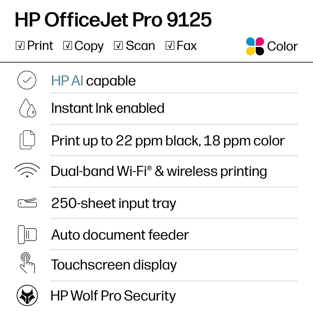 Panel táctil de 2,7 pulgadas HP OfficeJet Pro 9125 con interfaz intuitiva para gestionar trabajos
