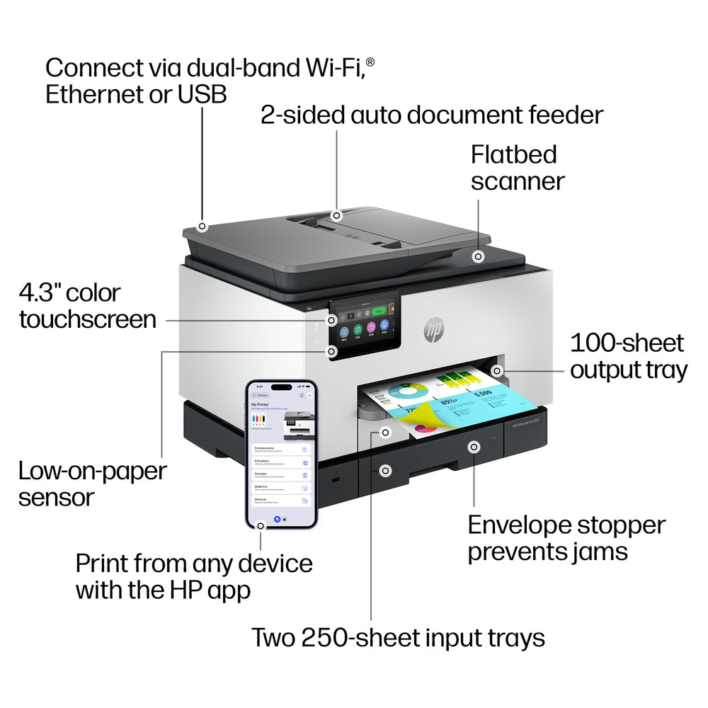 HP OfficeJet Pro 9135 bandejas de 250 hojas con gran capacidad
