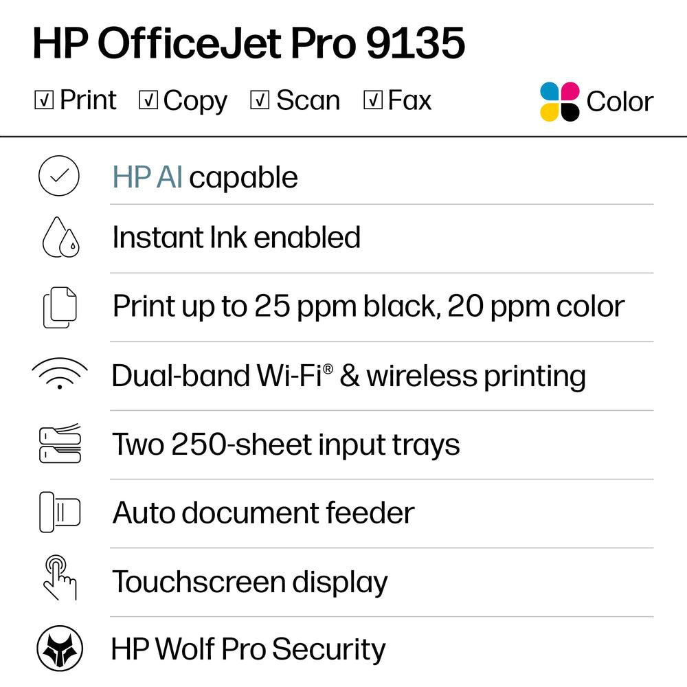 HP OfficeJet Pro 9135 pantalla táctil 4.3" para operaciones sencillas