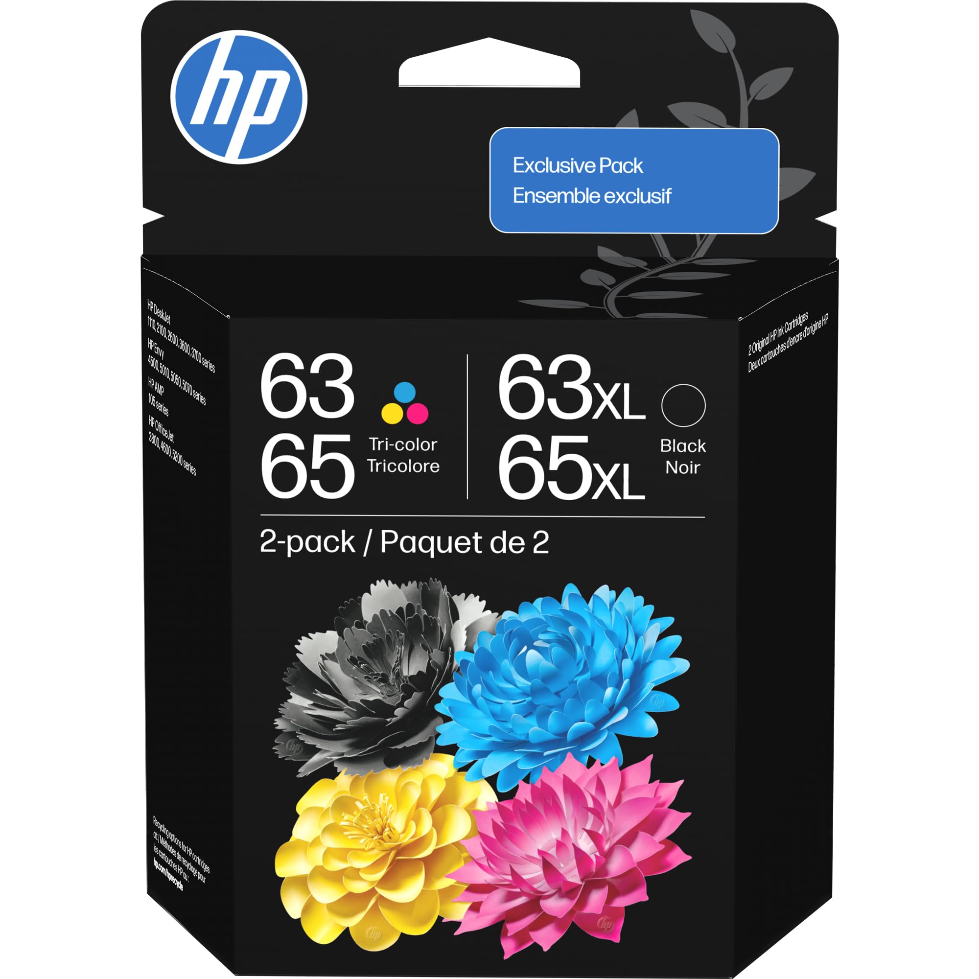 HP pack frontal 63/65XL mostrando cartuchos y beneficios de rendimiento