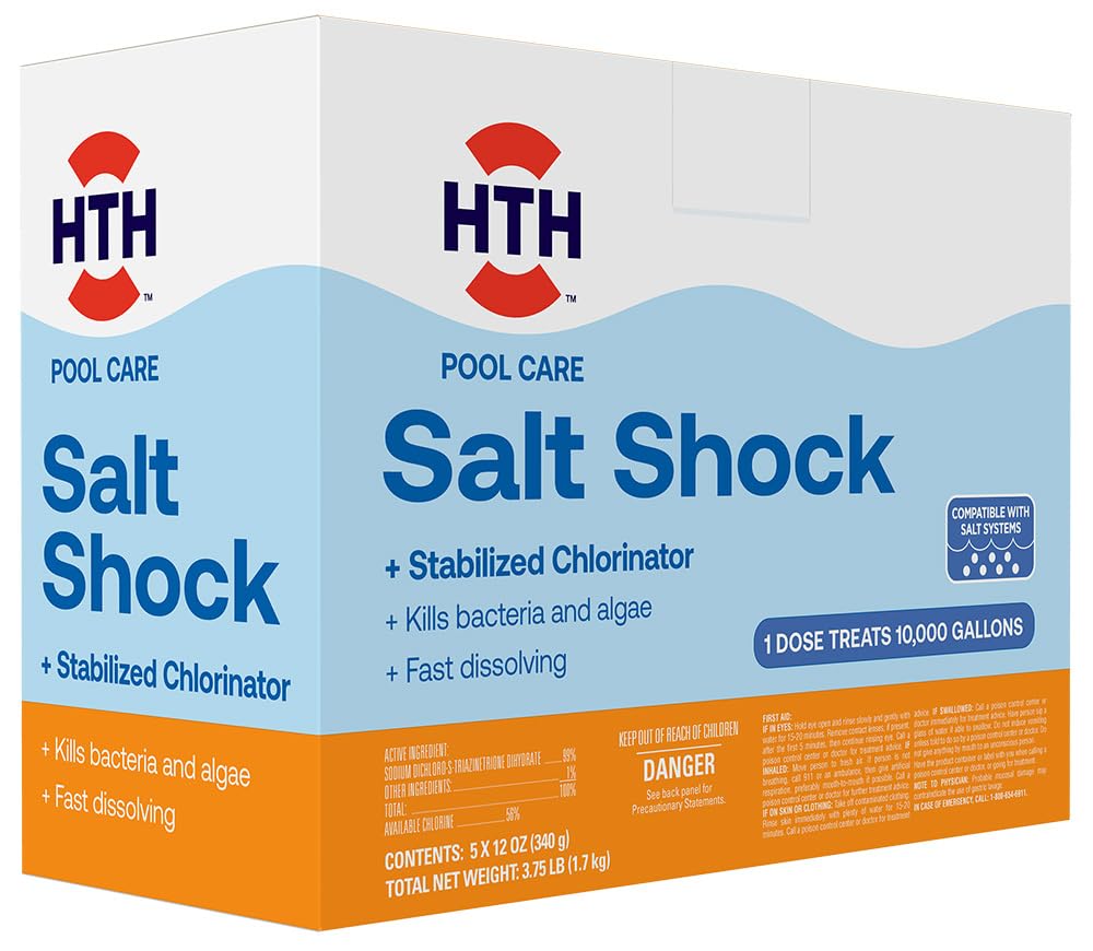 HTH front view of five 12oz packets showing compact packaging and easy dosing benefit