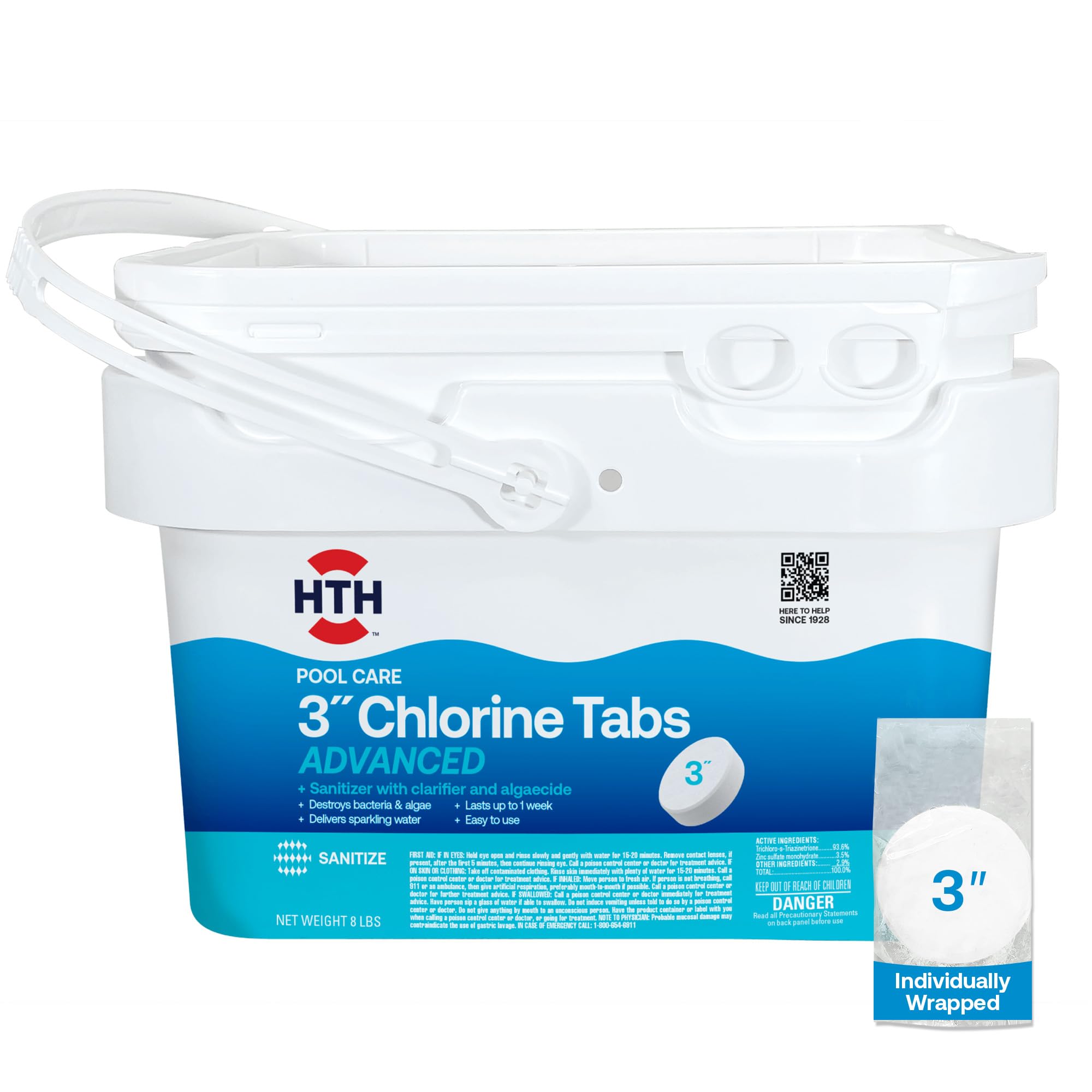 HTH frontal del envase 8 lb mostrando pastillas y beneficio de almacenamiento prolongado