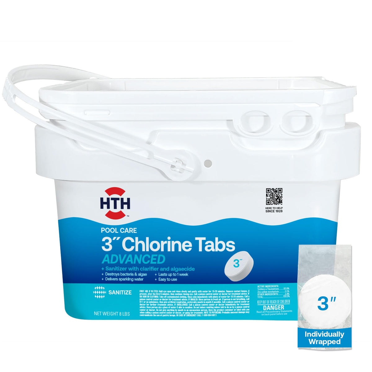 HTH frontal del envase 8 lb mostrando pastillas y beneficio de almacenamiento prolongado