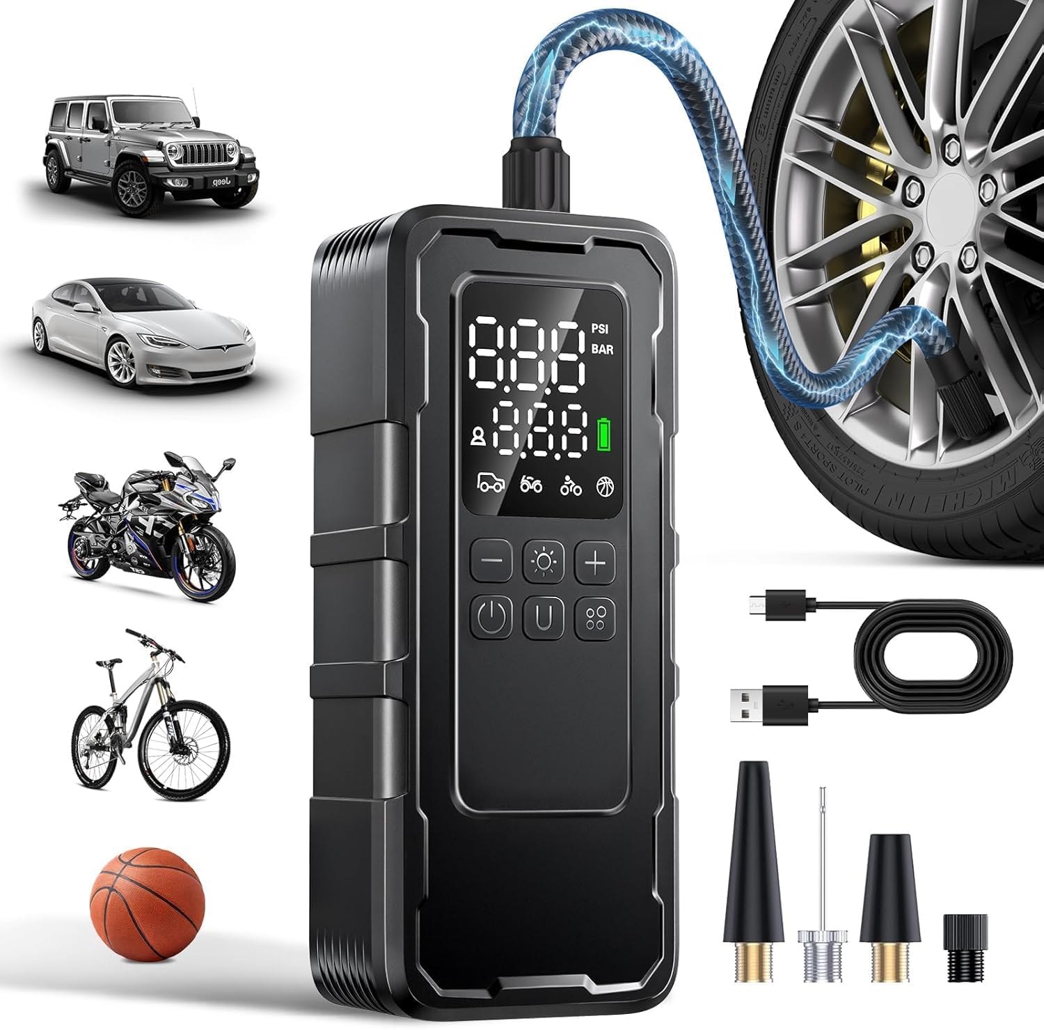 HUANTER vista frontal del compresor portátil con carcasa compacta y diseño ergonómico