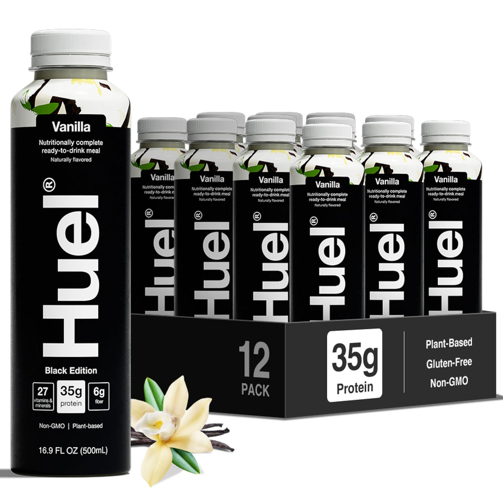 Huel botella frontal que muestra diseño y beneficio nutricional listo para beber