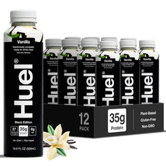 Huel botella frontal que muestra diseño y beneficio nutricional listo para beber