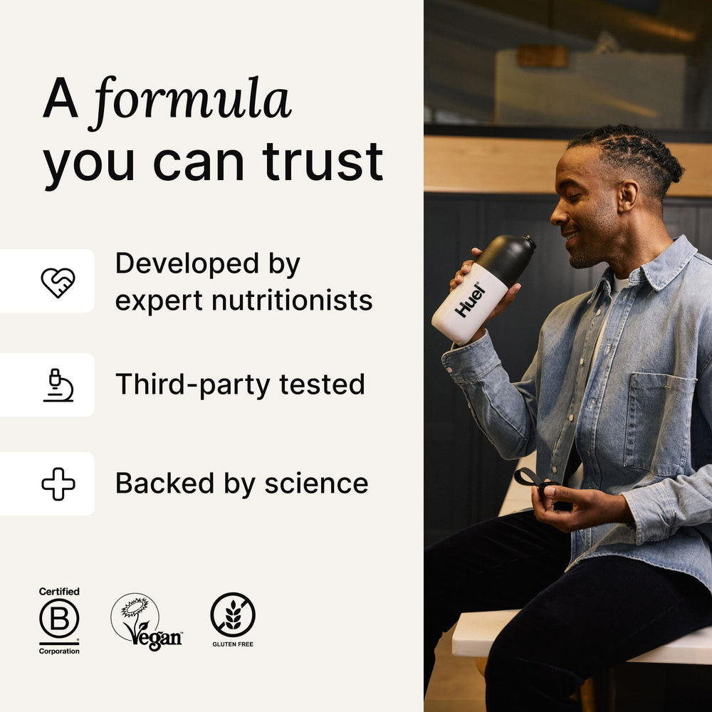 Huel Black Edition vainilla etiqueta nutricional con detalles de macronutrientes